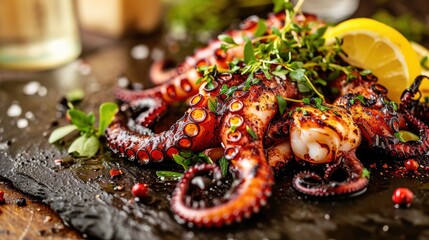 Grilled octopus with herbs and spices on a surface, close-up with selective focus.