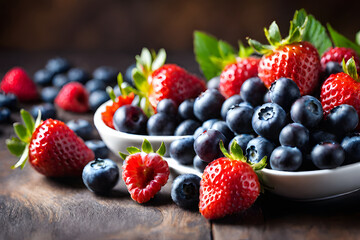 Blueberries, strawberries, and raspberries are excellent choices, copy space, bokeh, detailed, perfect composition, dof.