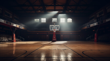 Cinematic still, a college basketball court, day