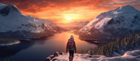 Woman mountain climber observing the sunset on a lake near a small mountain covered in snow - obrazy, fototapety, plakaty