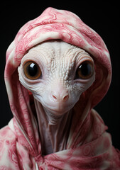 Endearing Alien with Vascular Patterns: Warm Eyes & Soft Pink Garb - Portrait of Innocence - Delicate ET in Pink
