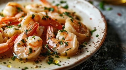 Close-up of a delicious shrimp scampi dish with herbs