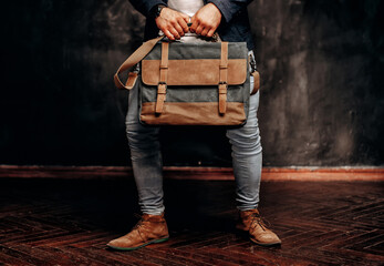 hipster man with stylish shoulder bag. lifestyle, fashion, style and people concept - obrazy, fototapety, plakaty