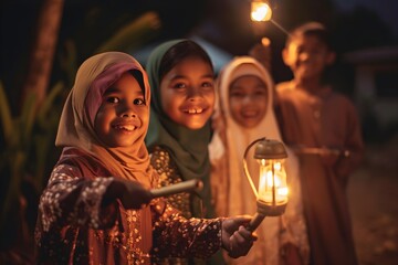 Obraz na płótnie Canvas moslem childs handling lantern, Cheerful group of friends celebrating eid mubarak