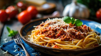 Fotobehang Plate of spaghetti bolognese with grated cheese and basil, surrounded by tomatoes and garlic. © Leli