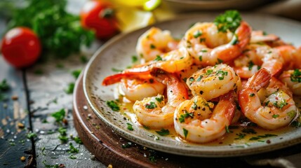 Close-up of a delicious shrimp scampi dish with herbs - obrazy, fototapety, plakaty