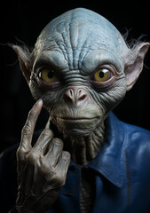 Wise Old Alien Extraterrestrial (ET) with Wrinkled Skin & Mischievous Gaze - Secret Gesture in a Narrative Sci-Fi Portrait - Alien Character Portrait - Sci-Fi Fantasy Art.