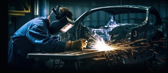 workers are doing argon welding making a car