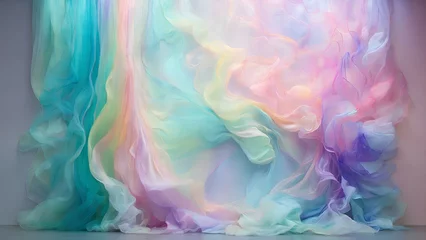 Foto auf Acrylglas A visually stunning abstract wall adorned with an array of The vibrant tulle fabric in a vibrant pastel colors creatively folds & flowing on the polish floor  creating a sense of calmness and elegance © Ivyn