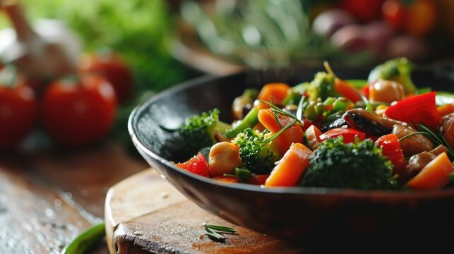 Fresh stir-fried vegetables in a pan on a wooden table. Healthy eating concept.