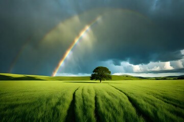 Beautiful landscape with green grass field and lone tree in the background amazing rainbow