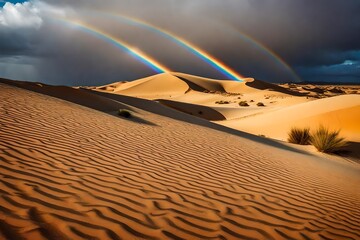 Beautiful sand dunes in the desert under the rainbow
