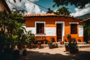 Fototapeta na wymiar Beautiful white and orange antique house in a small town