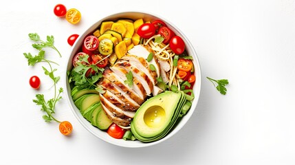 Grilled chicken meat and fresh vegetable salad of tomato, avocado, lettuce mango, sprouts, banana. Healthy and detox food concept. Ketogenic diet. Buddha bowl dish on white background, top view