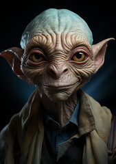 Wise Old Alien Portrait: Kind Amber Eyes & Tales of Space - Rugged Experience in a Worn Jacket