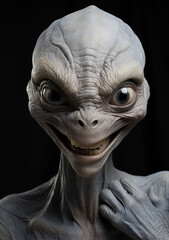 Whimsical Smiling Extraterrestrial: Smooth Skin & Friendly Eyes - Alien Expression of Subtle Contentment - ET Portrait