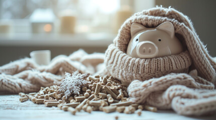 Winter Savings: Piggy Bank and Wood Pellets. Generative AI - obrazy, fototapety, plakaty