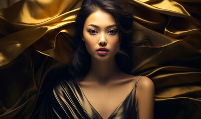 Majestic Asian Beauty Emerging from Golden Folds, a Vision of Sophistication and Mysterious Elegance