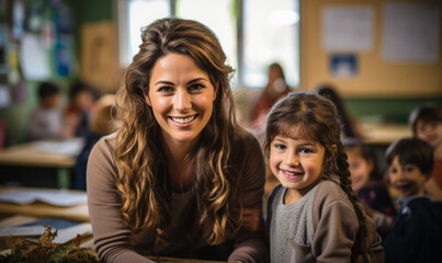 Obraz premium Dedicated Teacher Smiling with Diverse Young Students in a Vibrant Classroom Environment