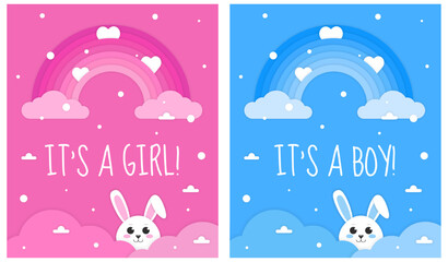 Its a girl, Its a boy card. Set of invitation card for baby new born celebration with cartoon rabbit, clouds and rainbow. Paper cut style. Pink and blue background. 