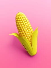 fresh yellow corn with green leaves, cute plastic icon on bright pink background color, 3d isometric style