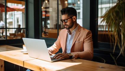 Obraz premium young businessman in eyeglasses using laptop while sitting in cafe