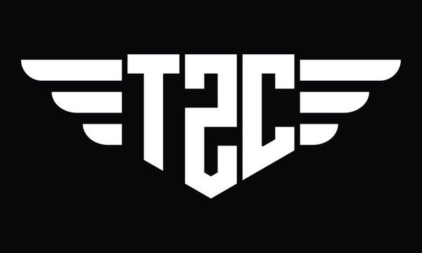 TZC three letter logo, creative wings shape logo design vector template. letter mark, word mark, monogram symbol on black & white.	