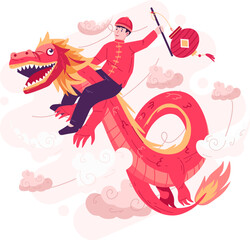 Happy Chinese New Year With a Boy Riding on a Dragon in the Sky. A Happy Asian Boy Is Flying on a Friendly Chinese Dragon While Holding a Lantern