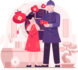 A Grandfather Giving a Red Envelope of Lucky Money to His Grandchildren. A Happy Asian Girl Receiving a Red Envelope