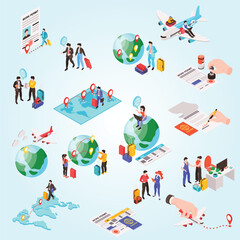 migrant workers set with migration symbols isometric isolated vector illustration - obrazy, fototapety, plakaty