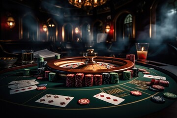 A big poker table, Place a betting table, Play blackjack with stacked poker cards and roulette lie on the table. Generative AI. - obrazy, fototapety, plakaty