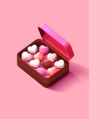 box with heart-shaped chocolate candies, cute plastic icon on bright pink background color, 3d isometric style