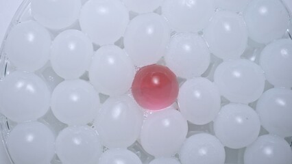 Lots of white hydrogel spheres with one pink one. The shiny round spheres of gel glisten against the white studio background.