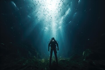 A diver in an eerie place under the ocean. Generative AI. - obrazy, fototapety, plakaty