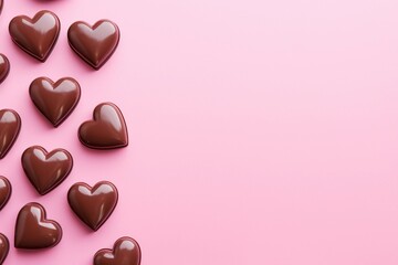Chocolate heart shaped candies on pink background, copy space. Valentine's Day celebration.