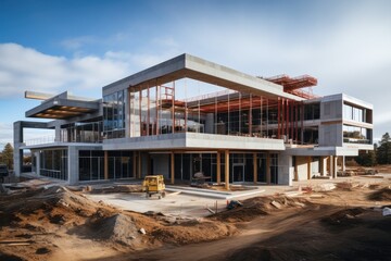 Modern concrete and steel building construction site. Generative AI.