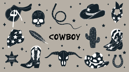 Hand drawn black and white vector cowboy accessories. Collection of retro elements. Cowboy Western and Wild West theme. Set of cowboy hat, boots, cactus, lasso, cow skull, horseshoe, saddle, feather. - obrazy, fototapety, plakaty