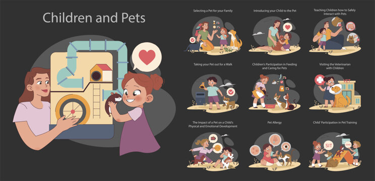 Children and Pets set. Bonding moments and daily routines with family pets. Educational interactions, responsible pet care practices.