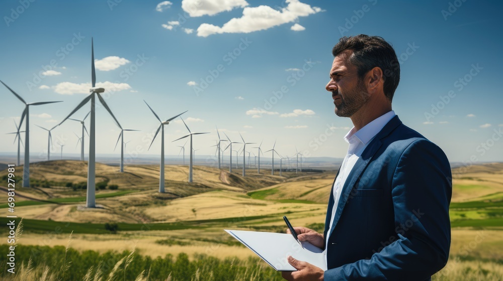 Aufkleber environmental engineer in a hard hat and casual attire, standing in a green field with wind turbines