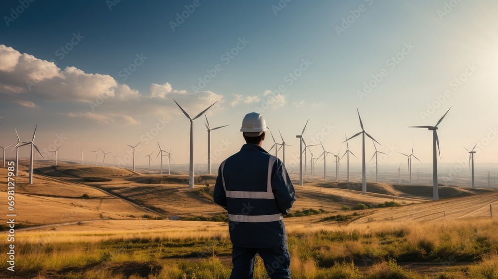 Poster Environmental engineer in a hard hat and casual attire, Standing in a green field with wind turbines in the distance. Generative AI.