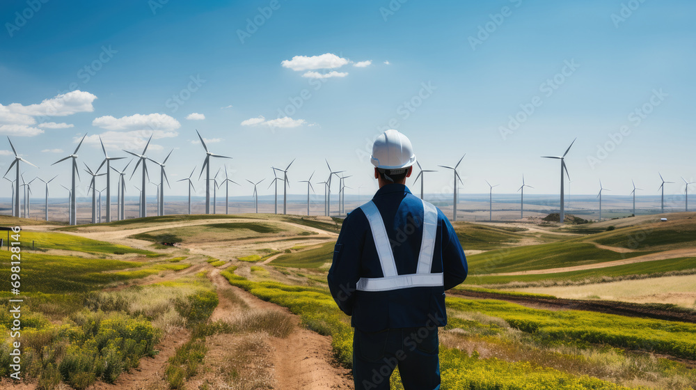 Poster Environmental engineer in a hard hat and casual attire, Standing in a green field with wind turbines in the distance. Generative AI.