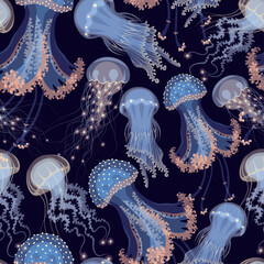 Vector seamless pattern with glowing jellyfish - 698128114