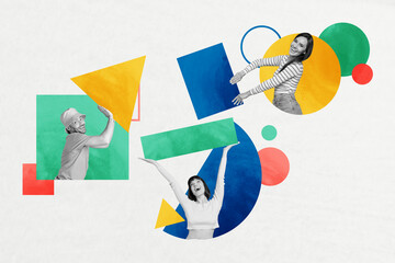 Horizontal creative colorful photo collage of people friends colleagues hold different elements geometric figures work together as team