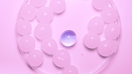 Lots of white hydrogel spheres with one purple one in pink light The shiny round spheres of gel glisten against the white studio background.