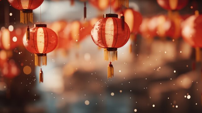 Chinese new year, Red lanterns hanging down in the style of bokeh panorama. Generative AI.