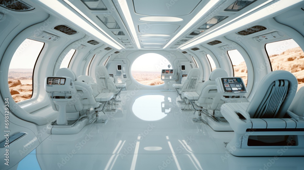 Poster A internal view of white and silver spaceship. Generative AI.