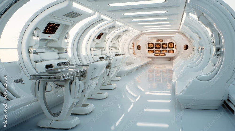 Poster A internal view of white and silver spaceship. Generative AI.