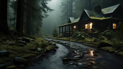 A cozy countryside in a misty forest on a rainy day. Generative AI.