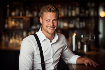 Fototapeta premium Smiling bartender with copy space at the bar in a lively and vibrant atmosphere