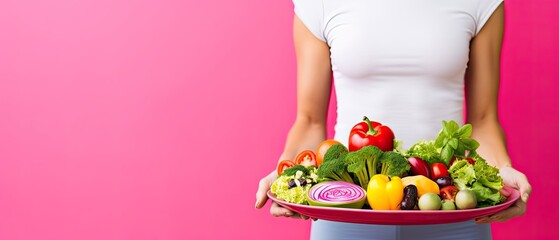 Sporty girl with plate of fresh vegetables on pink background, healthy eating.